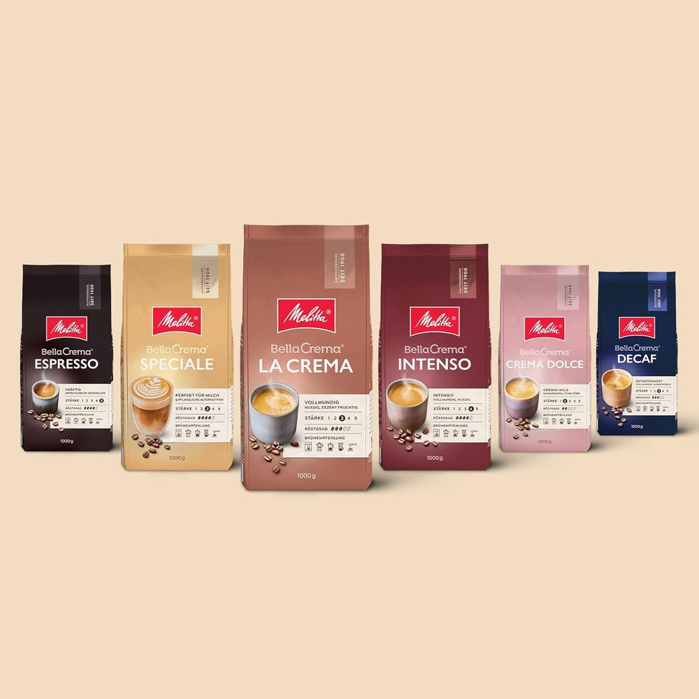 Melitta BellaCrema Decaf Ganze Kaffee-Bohnen entkoffeiniert 1kg, ungemahlen, Kaffeebohnen für Kaffee-Vollautomat, koffeinfrei, milde Röstung, geröstet in Deutschland, Stärke 3