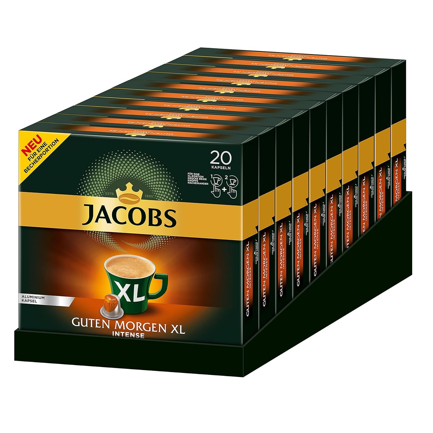 Jacobs Capsules de café Guten Morgen XL Intense - Pack de 10 (10 x 20 tasses) & Capsules de café Lungo Intenso, Intensité 8 sur 12, 200 capsules compatibles Nespresso®*, 10 x 20 tasses