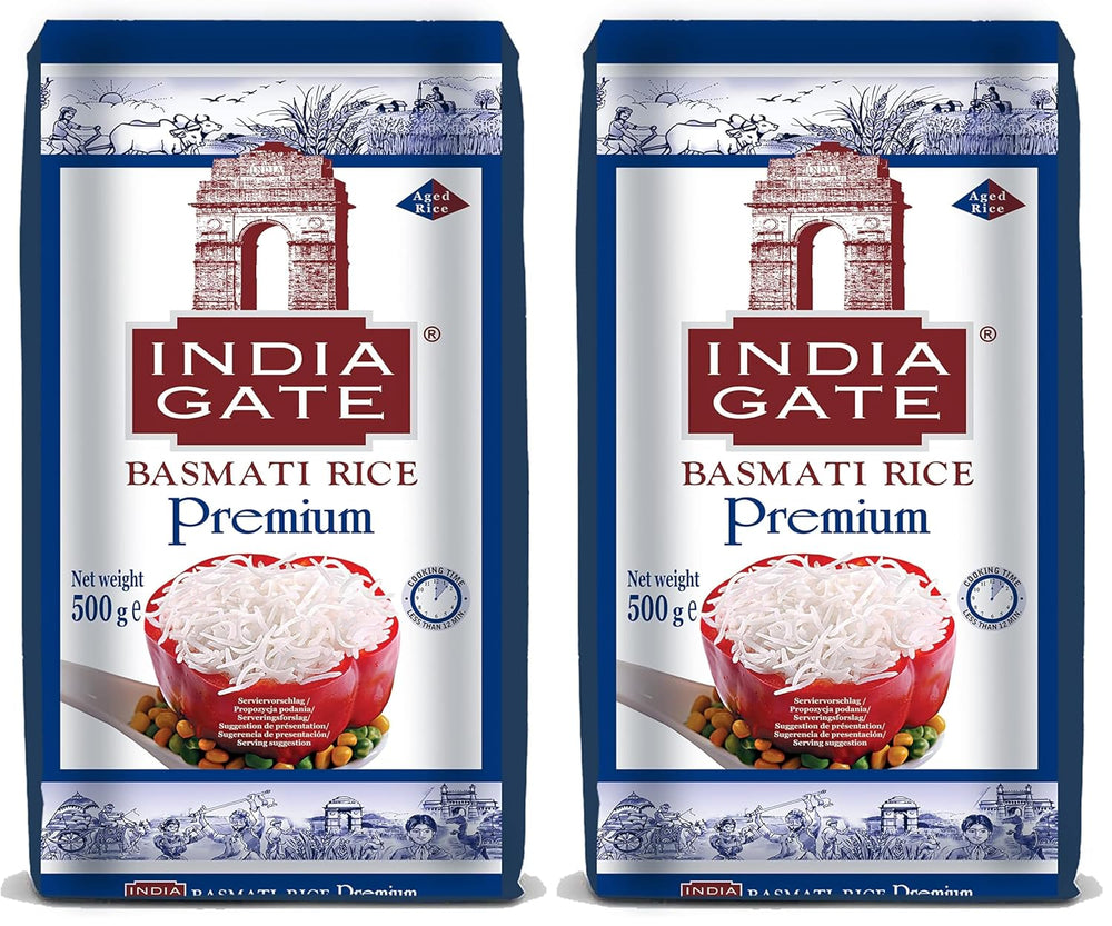 INDIA GATE Premium Basmati Rice – Riz aromatique et fin à grains longs d'Inde, grains longs fins (1 x 500 g)