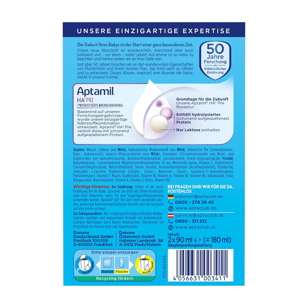 Aptamil HA Pré Prêt à Boire – Lait hydrolysé pour nourrissons dès la naissance – 4 x 2 x 90 ml