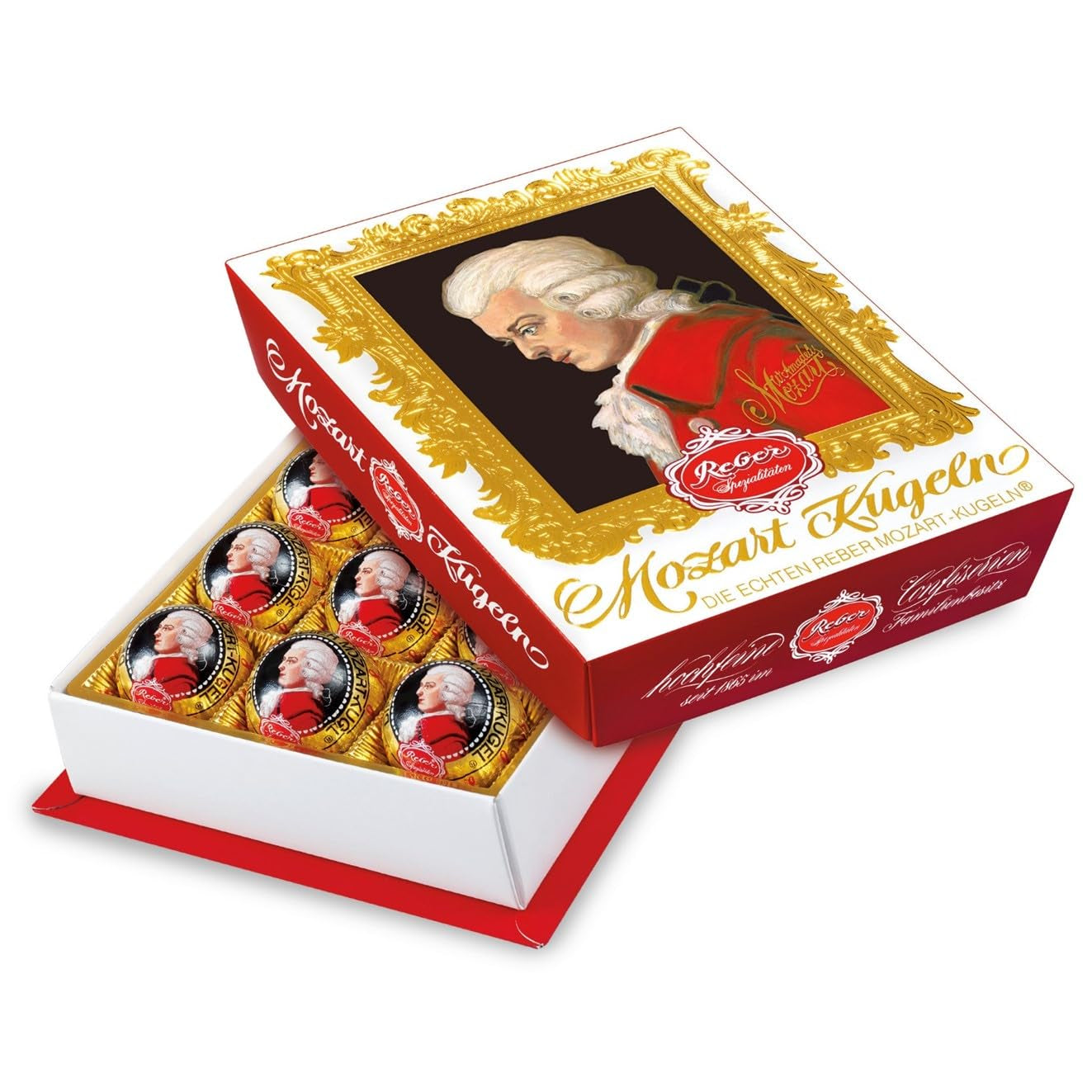 Boules Reber Mozart au chocolat noir, pack de 6 avec pâte d'amande et nougat, vegan - 1 x 120 g