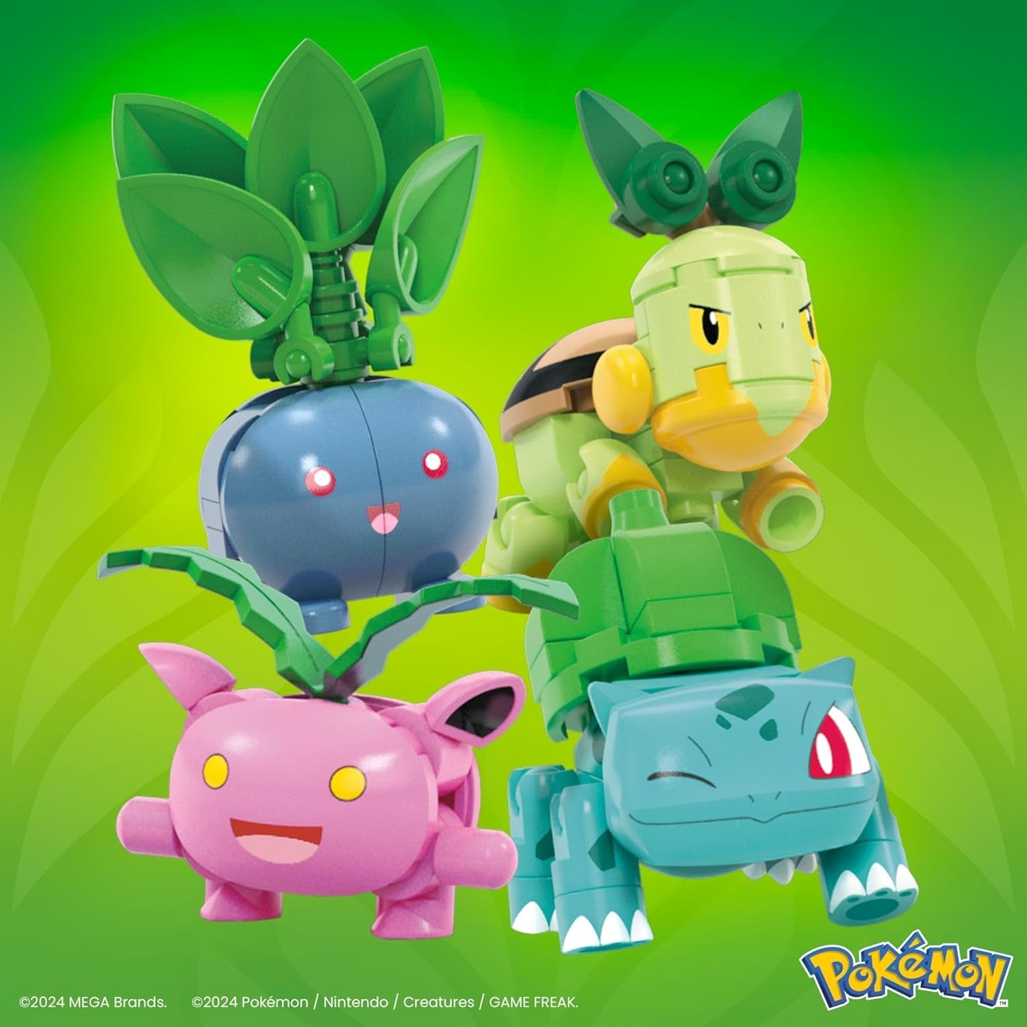 MEGA Pokémon Actionfigur-Bauspielzeug, Pflanze-Typ Trainerteam mit 118 Teilen, bewegliche Bisasam-, Chelast-, Hoppspross- und Myrapla-Figuren, Geschenkidee für Kinder, HWR77