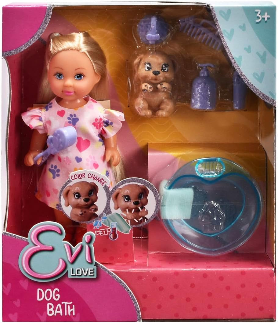 Simba Evi Love Dog Bath, Spielpuppe mit Hund, der Schmutz an seinen Pfoten hat, inkl. Badewanne und Handtuch, 8 Teile, Zubehör, 12cm, ab 3 Jahren