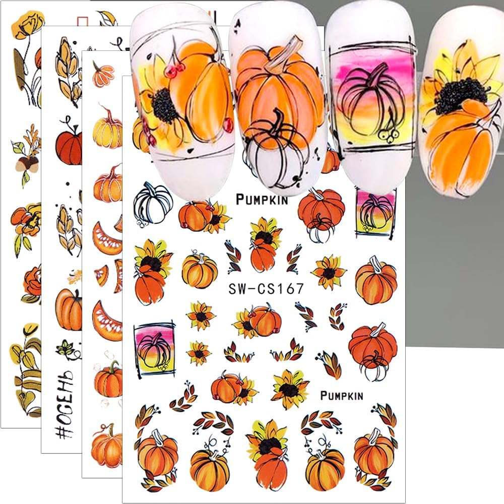 Autocollants pour ongles d'automne 3D, feuilles de citrouille, lignes géométriques, fleurs, autocollants pour ongles, Design du jour de Thanksgiving, autocollants pour ongles d'automne, accessoires pour ongles, Nail Art