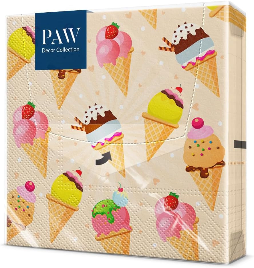 PAW - Serviettes 3 Plis (33 X 33 Cm) I 20 Pièces I Parfaites pour les Fêtes, Anniversaires, Vacances I Décorations de Table pour Fêtes d'Enfants - Serviettes en Papier à Motifs Colorés - Glace I Glace