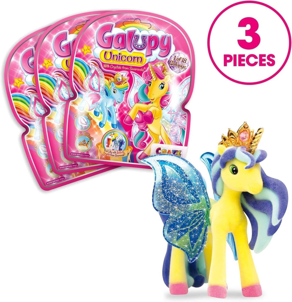 Galupy Licorne - Pack de 3 figurines de licorne, jouets de licorne à collectionner, figurines de poney aux ailes brillantes et figurines d'action en cristal Swarovski Naty Shop