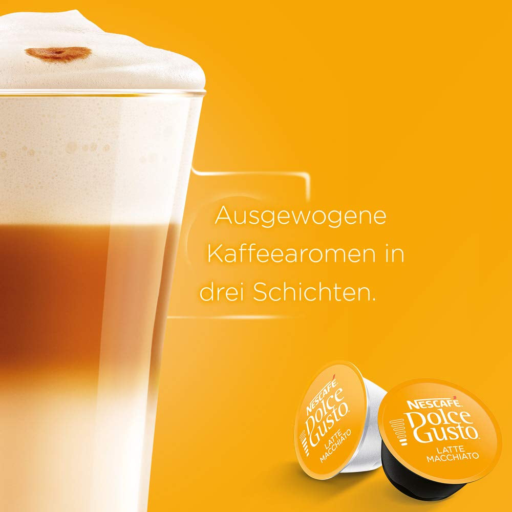 NESCAFÉ Dolce Gusto Latte Macchiato, 48 capsules de café, espresso aromatique, 3 étapes - Köstlichkeit aus feinem Milchschaum, capsules de gel aromatique, paquet de 9 (3x16 capsules)