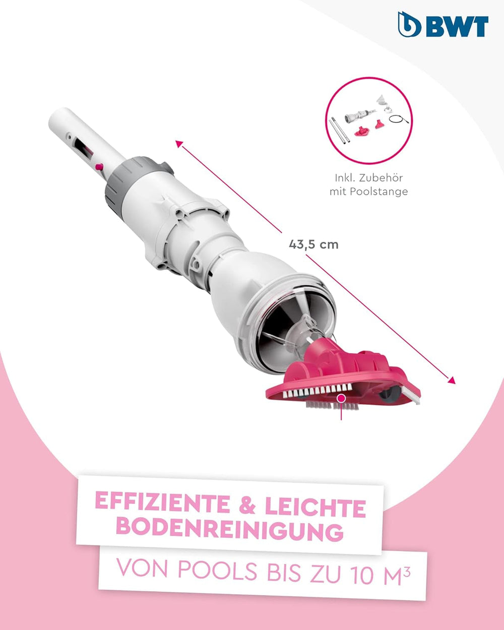 BWT Poolsauger BC02 (mit Standard-Poolstange) | Effektive Reinigung von freistehenden Pools und Pools bis 10 m³ | Kabelloser Betrieb mit maximaler Bewegungsfreiheit | Hohe Saugleistung