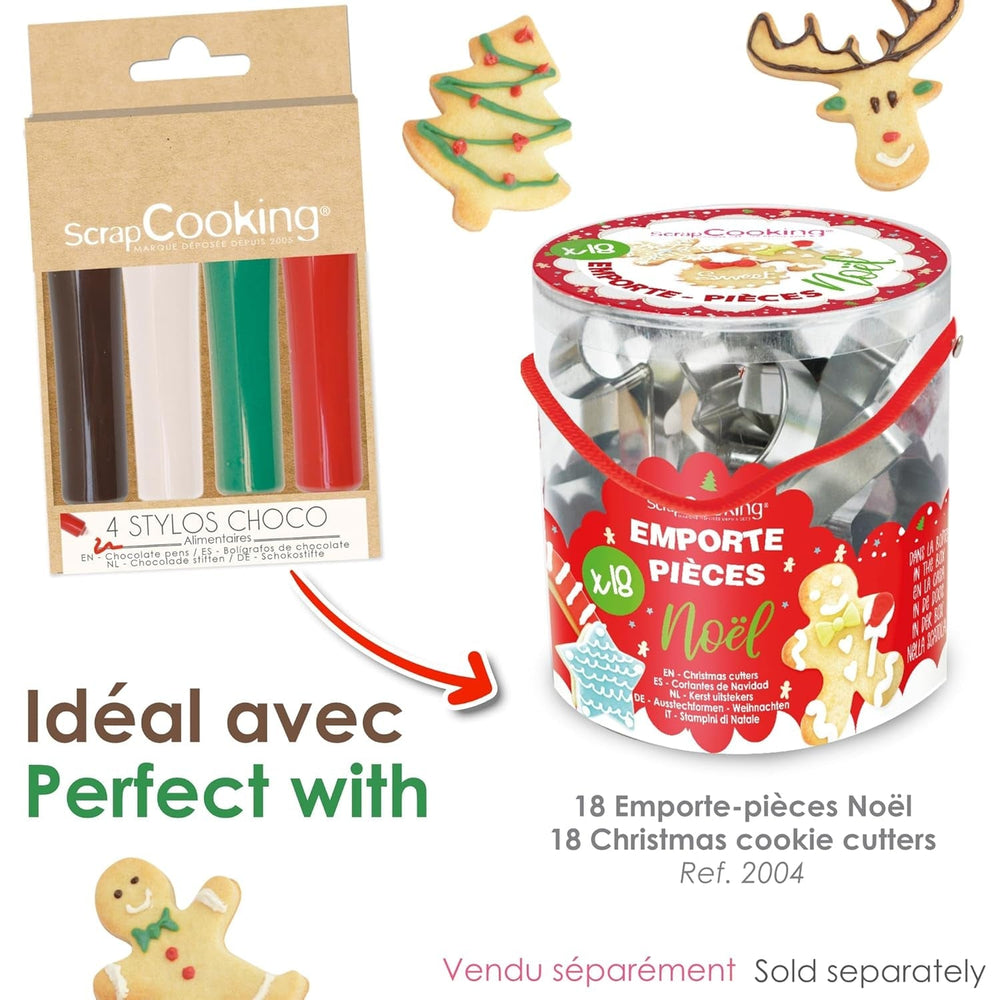 Scrapcooking - Lot de 4 Crayons de Couleur Chocolat de Noël - Marron, Blanc, Vert et Rouge - Colorants Comestibles - Colorant Alimentaire pour Écrire - Écrire et Dessiner sur Desserts, Gâteaux et Biscuits - 7060