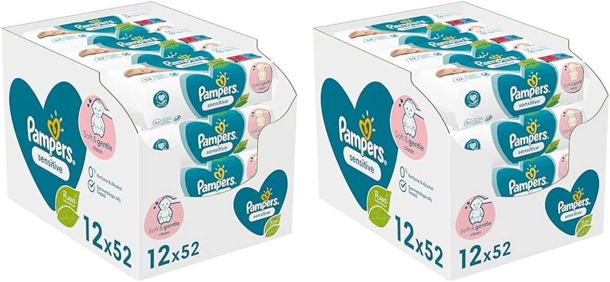 Lingettes Pampers Sensitive pour bébé, 624 lingettes (12 x 52), non parfumées, pour un nettoyage doux et doux (paquet de 2)