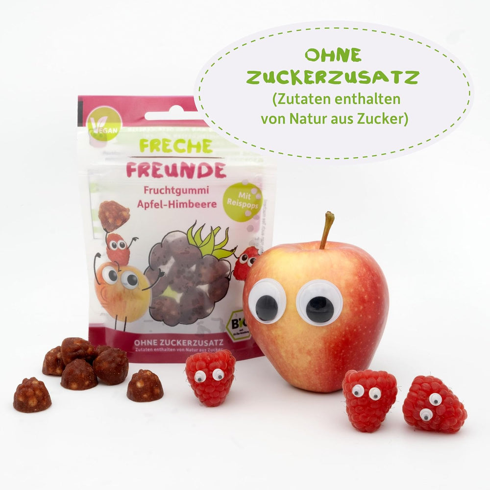 FRECHE FREUNDE Gelées de Fruits Bio, Sucettes Pomme, Framboise et Riz, Snack Sucré Fruité pour Enfants, Sans Gluten, Végétalien, Paquet de 20 (20 x 30g)
