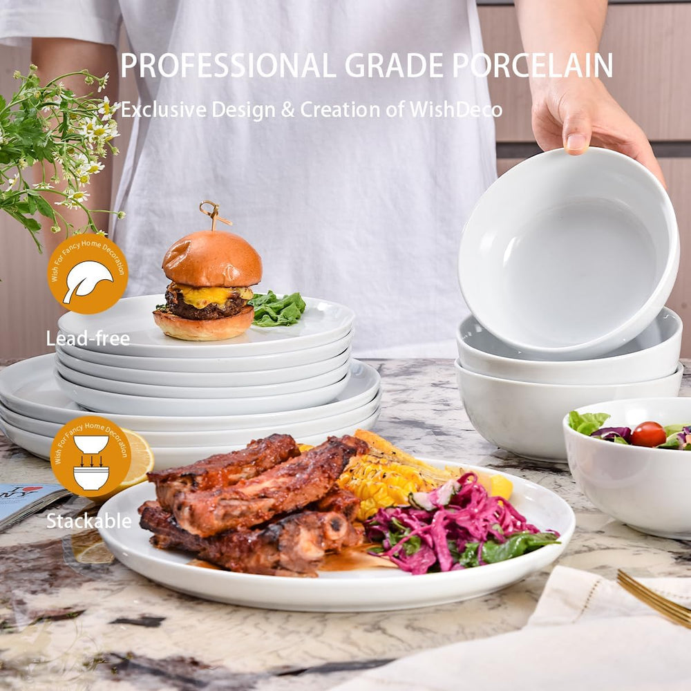 Service de table 12 pièces, service de table en porcelaine pour 4 personnes, service de table blanc avec assiettes, assiettes à dessert et bols à céréales