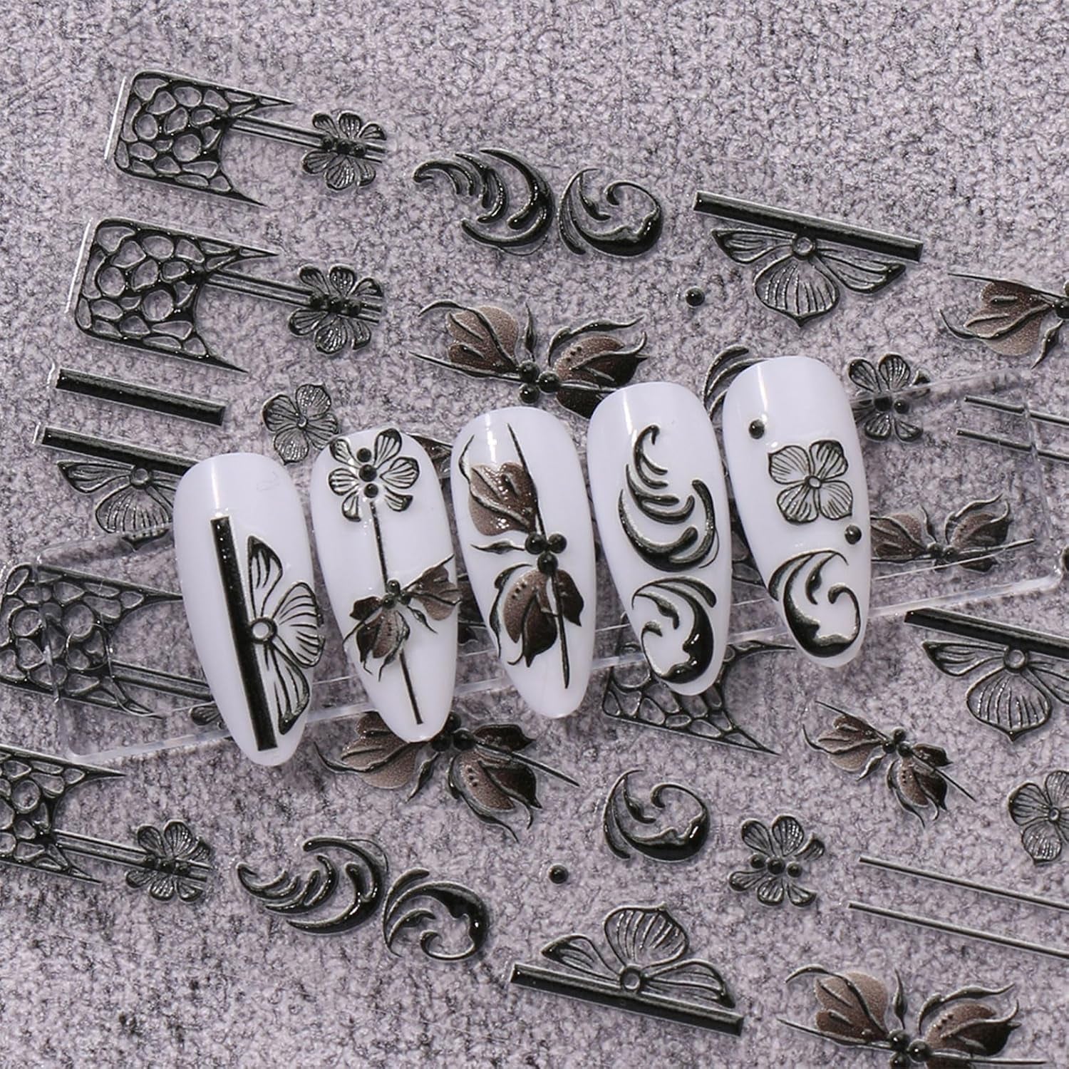 JMEOWIO Autocollants pour ongles 3D Noir Blanc Fleurs Nail Art Autocollants Autocollants pour ongles 5D Stéréoscopiques Fleurs Décoration Nageldesign Zubehör 4 Blatt