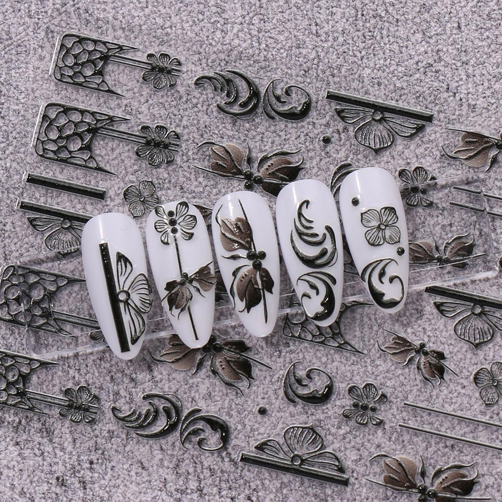 JMEOWIO Autocollants pour ongles 3D Noir Blanc Fleurs Nail Art Autocollants Autocollants pour ongles 5D Stéréoscopiques Fleurs Décoration Nageldesign Zubehör 4 Blatt