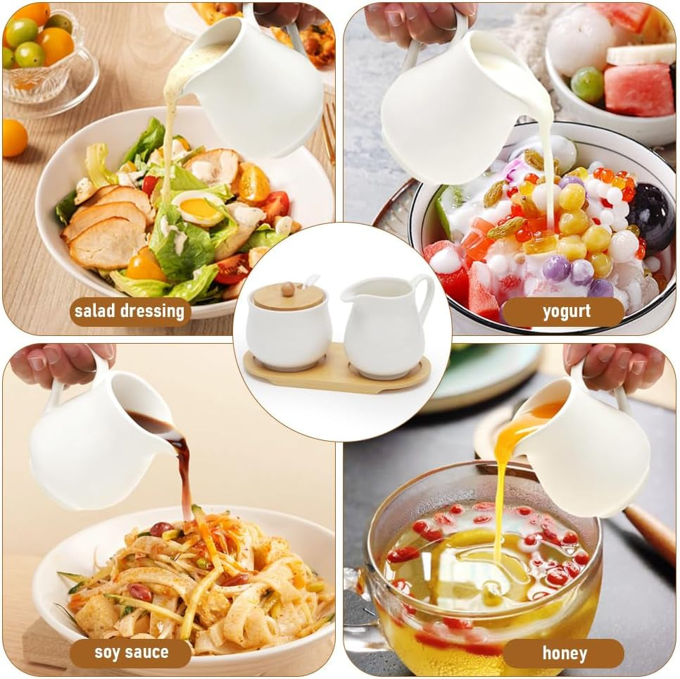 Service à lait et sucre avec couvercle et cuillère, pot à lait en céramique en 5 parties et récipient à sucre avec tablette en bois, récipient à lait et sucre pour cuisine, café, four à micro-ondes et lave-vaisselle (blanc)