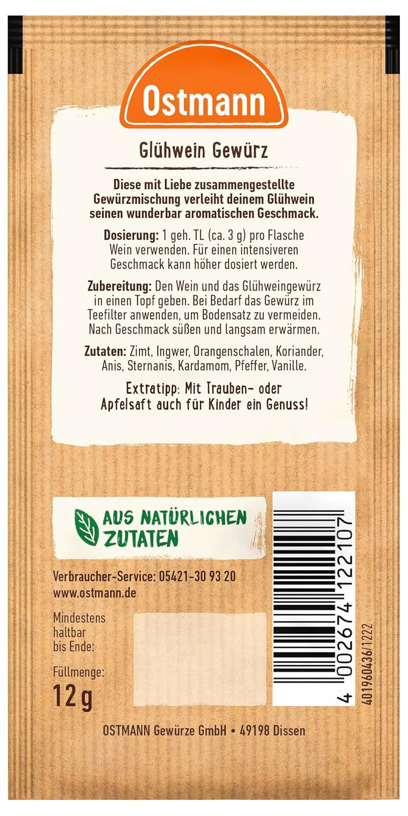 Ostmann Gewürze – Glühwein-Gewürz, Gewürzmischung für Glühwein, Punsch, Feuerzangenbowle & Kinderpunsch, ideal für die Winter- und Weihnachtszeit, vegan, 12 g (1er Pack)