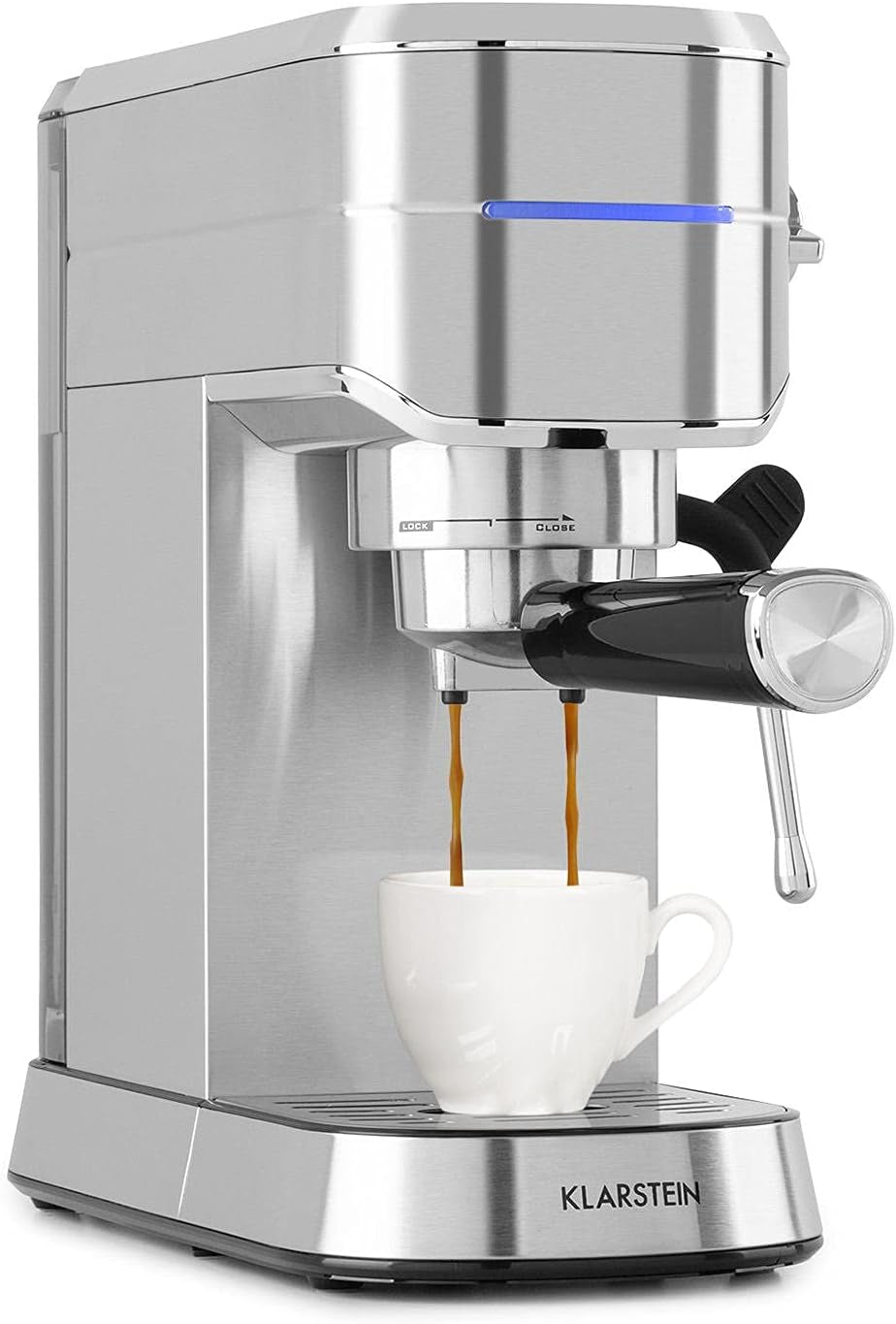 Klarstein Futura Machine à expresso, machine à expresso à filtre portable, 1450 W, 20 bars, qualité Barista, double buse, arrêt de débit, machine à expresso à filtre portable, fonction mousseur à lait, argent