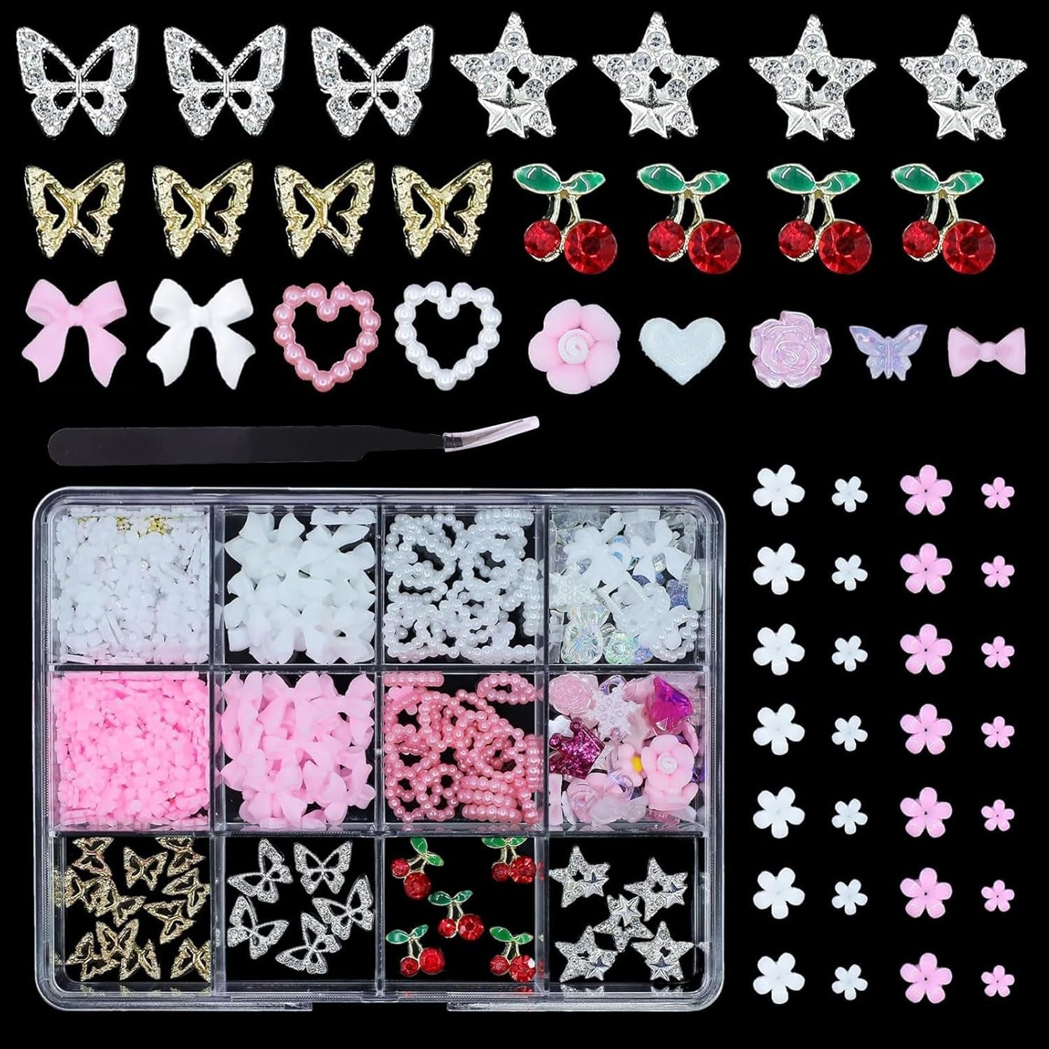 3D Anhänger Mit Schmetterlings Kirschstern Nagel Edelsteinen Mit Pinzette, Schleifen, Herz, Blume, Nagel Strassanhänger Für Maniküre, DIY-Bastelzubehör
