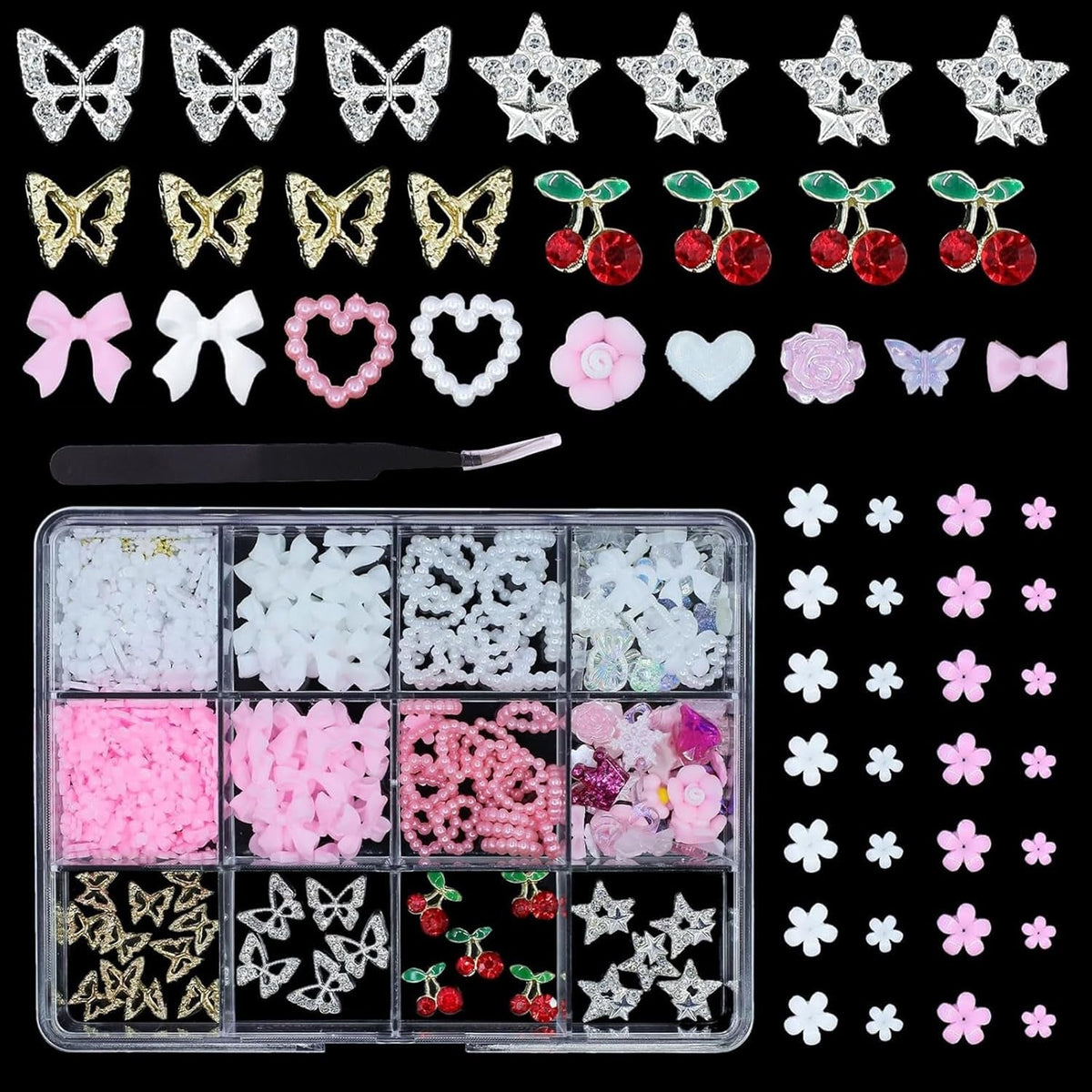 3D Anhänger Mit Schmetterlings Kirschstern Nagel Edelsteinen Mit Pinzette, Schleifen, Herz, Blume, Nagel Strassanhänger Für Maniküre, DIY-Bastelzubehör