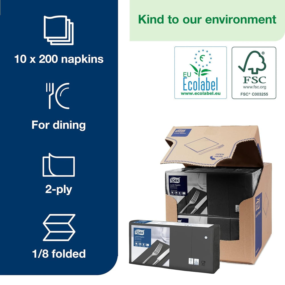 Tork 477851 Serviettes à déjeuner noires 1/8 pliées / Serviettes en papier pré-pliées 2 épaisseurs pour collations ou petits repas / Qualité avancée / 10 X 200 (2000) serviettes / 32,6 X 33 cm (L X L)