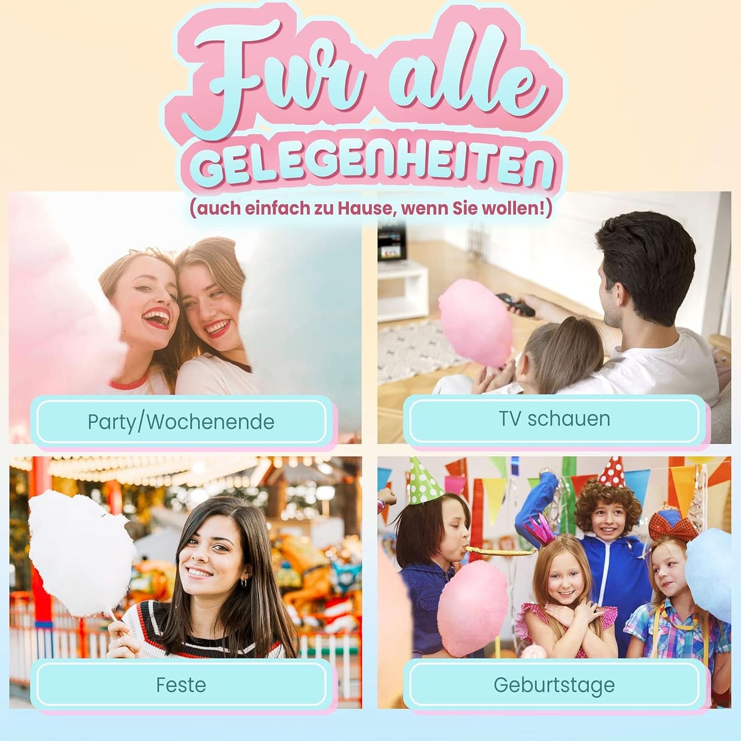 GREENDOSO® Barbe à papa pour machine à barbe à papa (4 x 320 grammes) - 4 parfums (fraise/cola/framboise/pomme) + 50 sticks - MADE in FRANCE Naty Shop