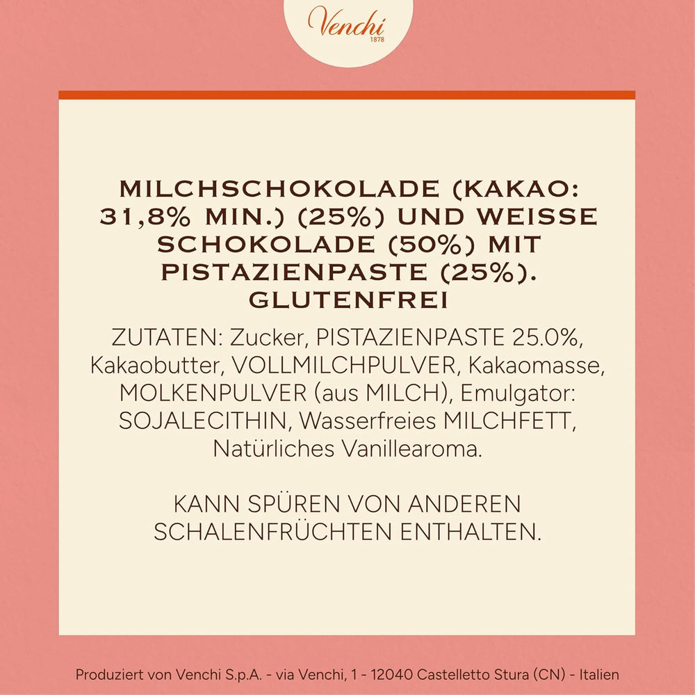 Venchi - Cremino Pistachio Bar, 110g, barre de chocolat au lait et blanc avec pâte de pistache, recette en trois couches aux saveurs méditerranéennes, sans gluten, sans colorants artificiels