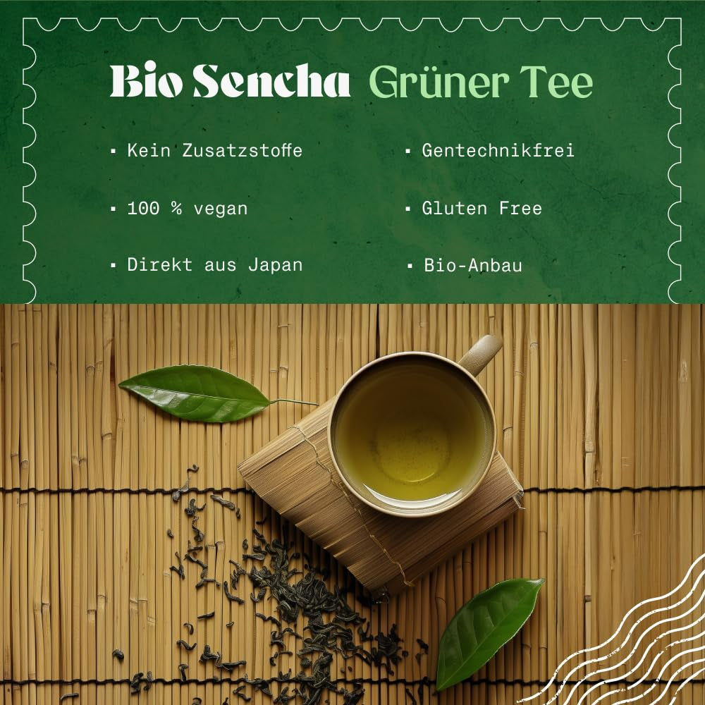 Thé Sencha japonais Naturalebio - 200 g Thé vert bio - Thé vert Sencha 100% pur et naturel - feuilles en vrac de la première récolte - produit biologique cultivé au Japon