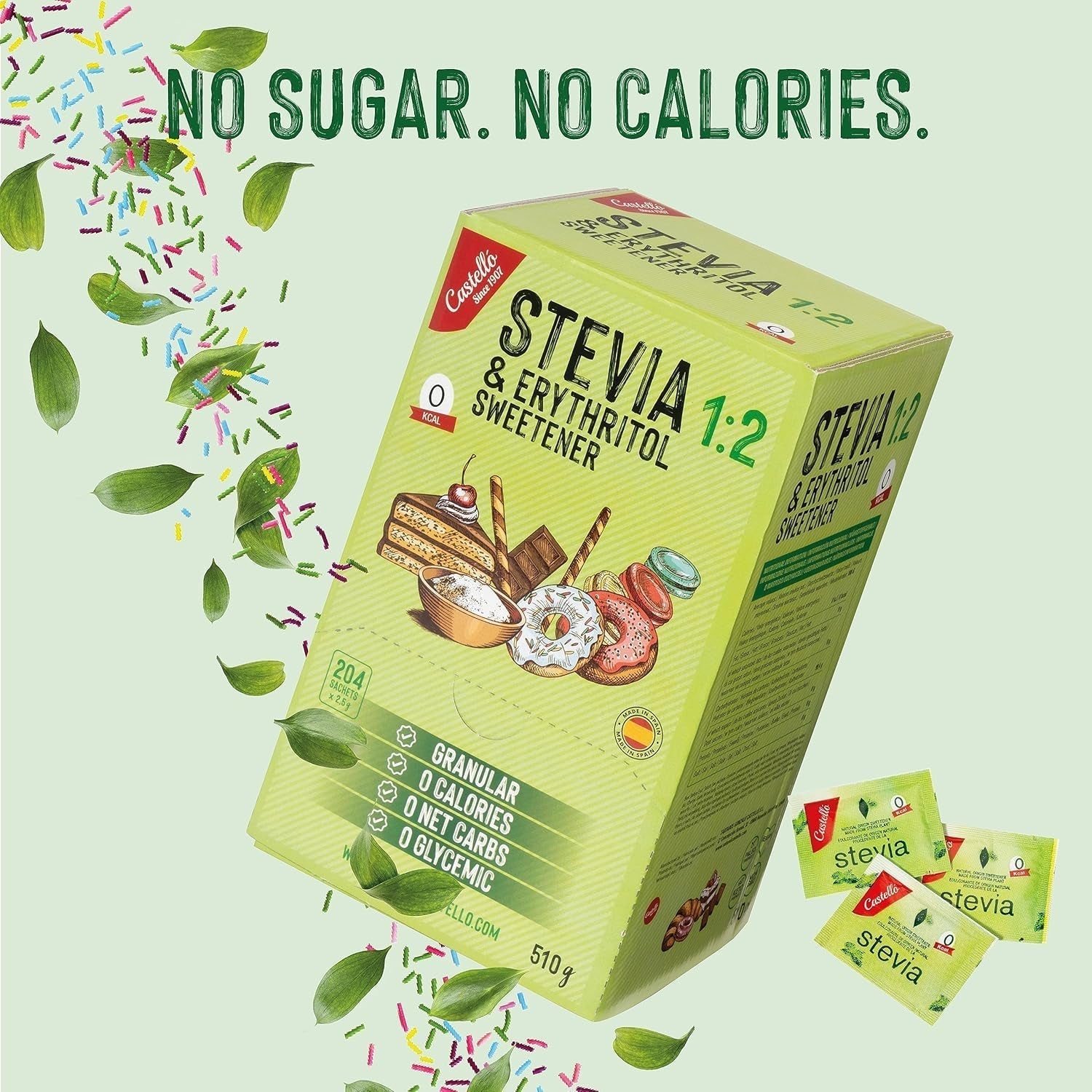 Stevia + Erythritol 1:2 Tissu sucré | 204 Sac Mythe 2,5 G | Ingrédients 100% naturels - 0 calories - 0 indice glycémique - Keto et Paleo - 0 Kohlenhydrate - Kein GVO - Castello depuis 1907-510 G Édulcorants Naty Shop