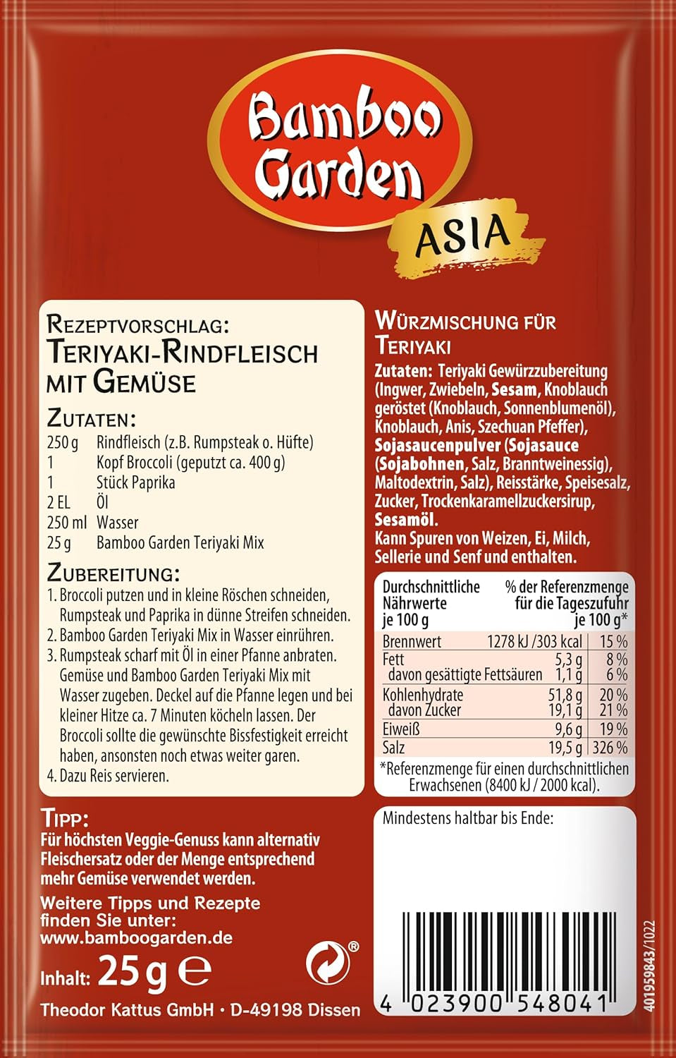 Bamboo Garden - Mélange d'assaisonnements Teriyaki, Gewürzmischung für Teriyaki, Pour 4 Portions, Sans Geschmackverstärker und Konservierungsstoffe, 1 x 25 g (Verpackungsdesign kann abweichen)
