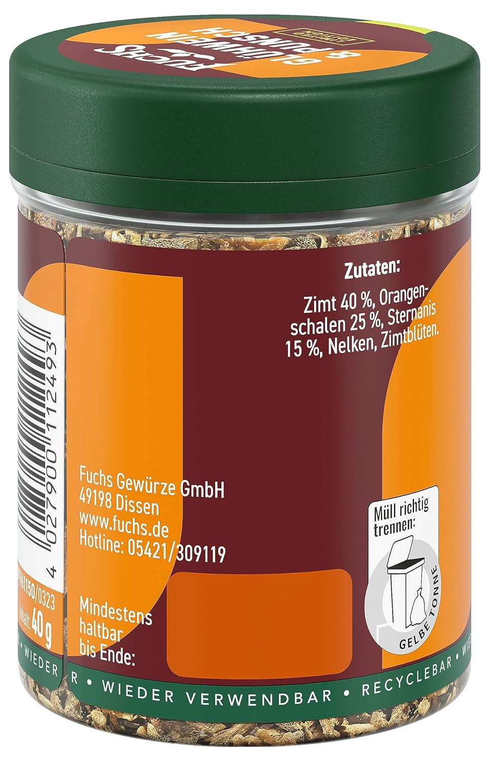 Fuchs Gewürze - Glühwein und Punsch Gewürz - Weihnachtliche Gewürzmischung für Wein und Punsch - aus natürliche Ingrédient - 40 g en dose variable, recyclable