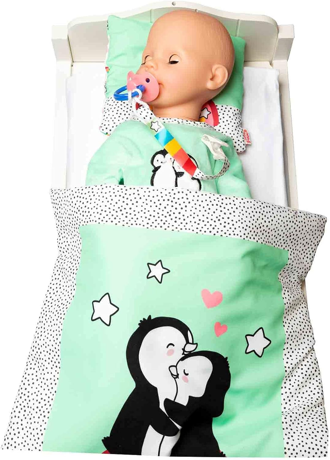 Heless 2181 - Strampler für Puppen im Pinguin Pünktchen Design, aus Softvelours mit hochwertiger Bestickung, Größe 35 - 45 cm