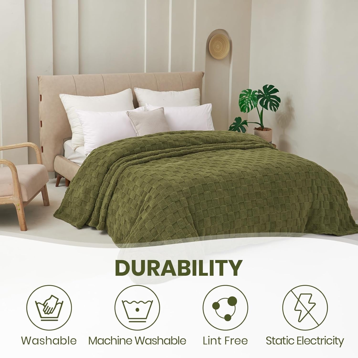 Good Nite Couverture douillette moelleuse pour canapé, couvre-lit en polaire, douce, à carreaux, vert, printemps, été, automne, hiver, quatre saisons (150 x 200 cm, vert olive) Good Nite Lits et couvertures
