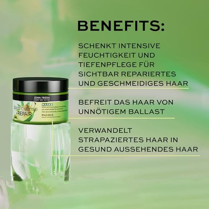 John Frieda - Masque / Traitement Deep Cleanse & Repair - Contenu : 250 ml - Avec huile de graines de chanvre + avocat nourrissant - Masque capillaire apaisant pour cheveux abîmés Masque capillaire Naty Shop