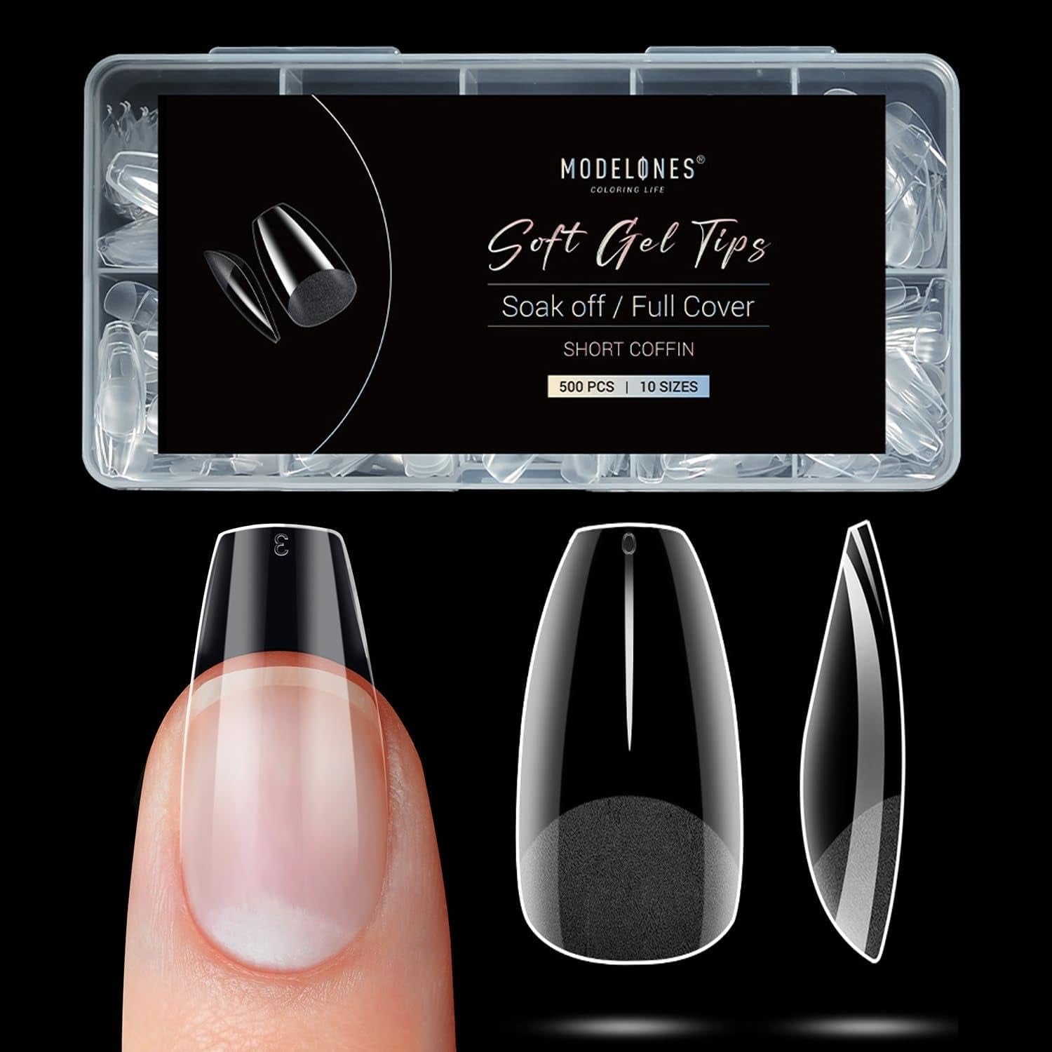 Modelones Nail Tips 510 pièces – Ensemble de pointes d'ongles à couverture complète, ensemble de pointes en gel, pointes d'ongles en résine PMMA pré-polonées, ongles artificiels à coller sur Nail Art DIY, Squoval court