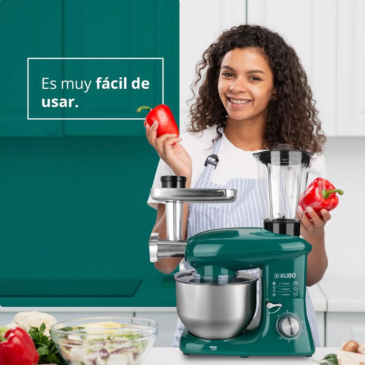 Küchenmaschine - 7 Zubehörteile: Mixbecher, Fleischwolf, Große Schüssel, Schutzdeckel, Schneebesen, Mixer Und Netmaschine - Couleur: Vert - Fassungsvermögen: 6 litres Mère et Enfant Naty Shop
