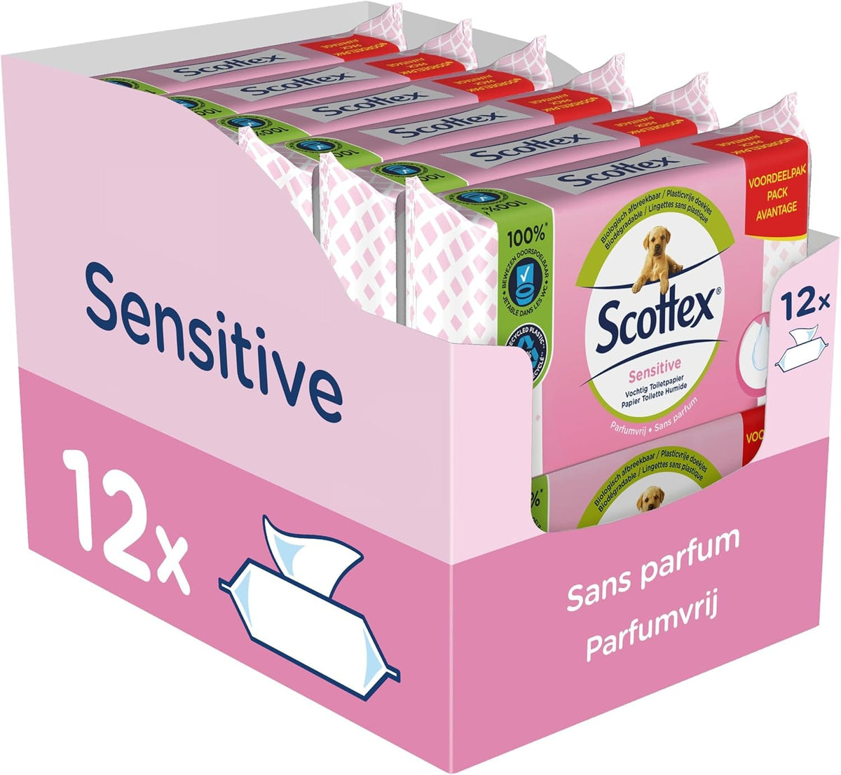 Papier toilette humide sensible, 38 services (38 services X 12 paquets, 456 services au total)