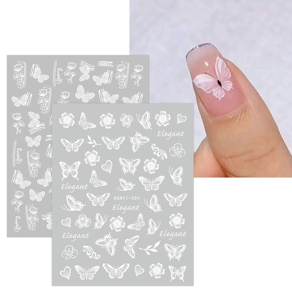 JMEOWIO Nagelsticker Frühlings Weiß Blume 12 Blatt Nail Art Sticker Selbstklebend Nagelaufkleber Sommer Schmetterling Blumen Blatt Dekoration Nageldesign Zubehör