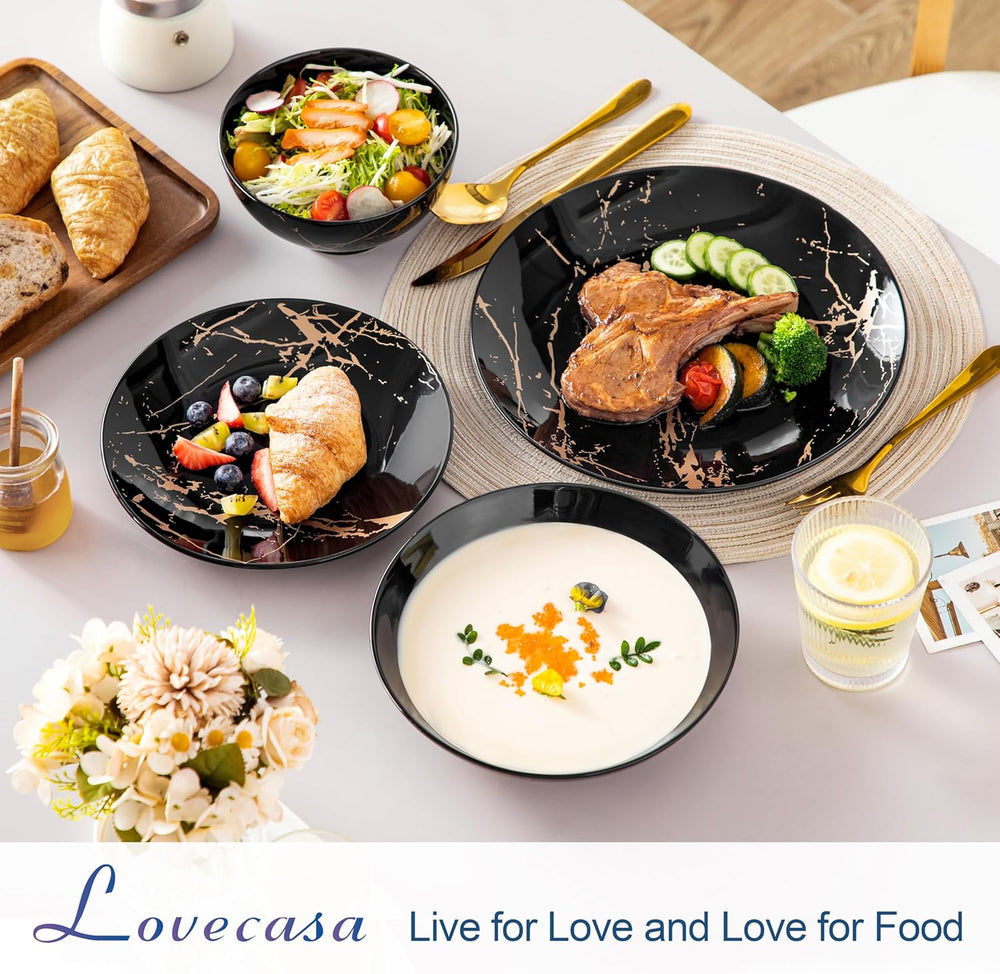 LOVECASA Ensemble de vaisselle en porcelaine série Daphné SWEET Ensemble combiné de 24 pièces Assiettes à dîner design doré Assiettes à dessert Bols à céréales et assiettes à dîner pour 6 personnes