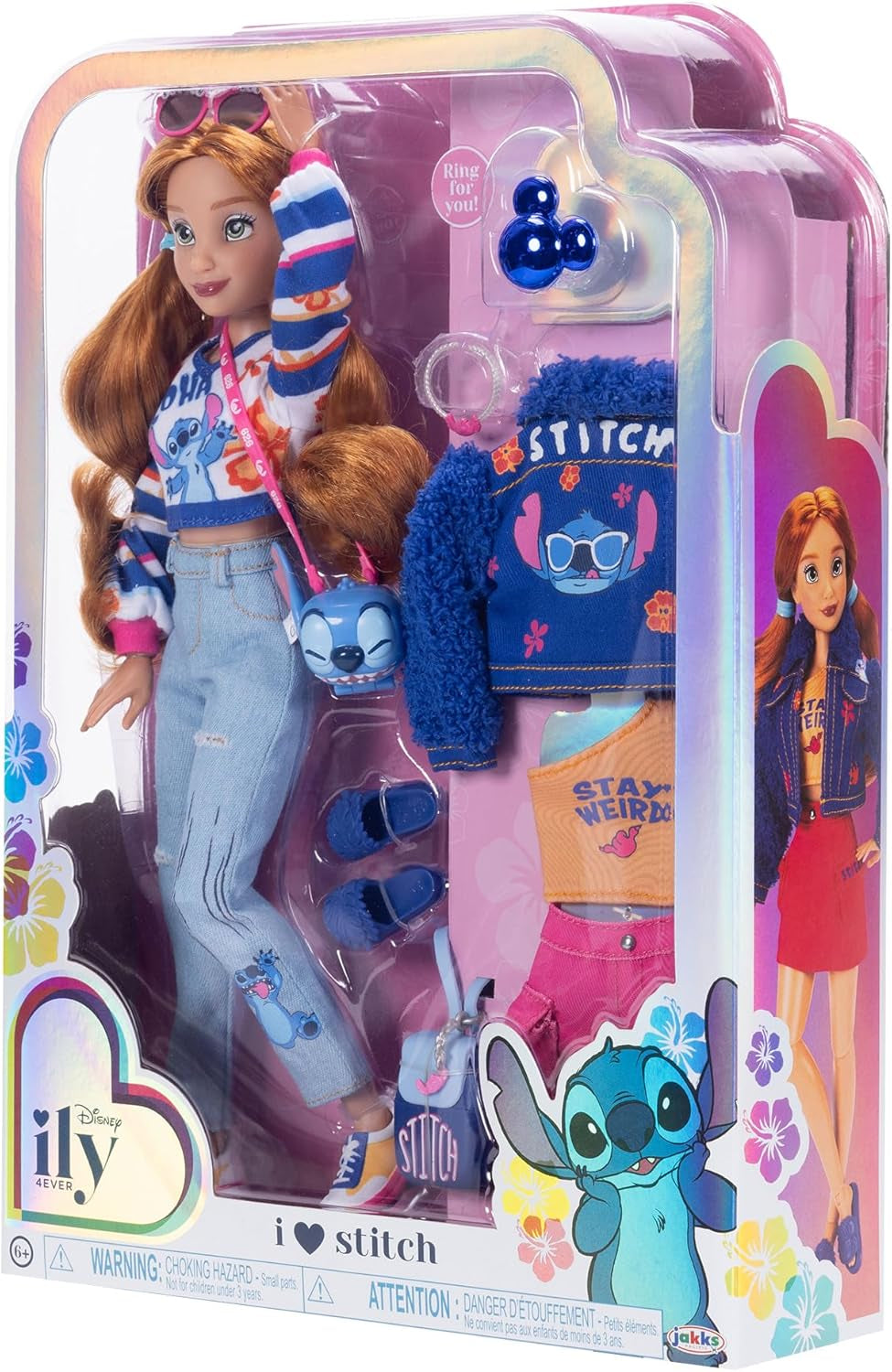 Poupées mannequins Disney ILY 4EVER Stitch aux cheveux rouges, mesurant 29 cm, avec 13 points d'articulation, deux tenues complètes mix and match et une bague Mickey scintillante pour vous !