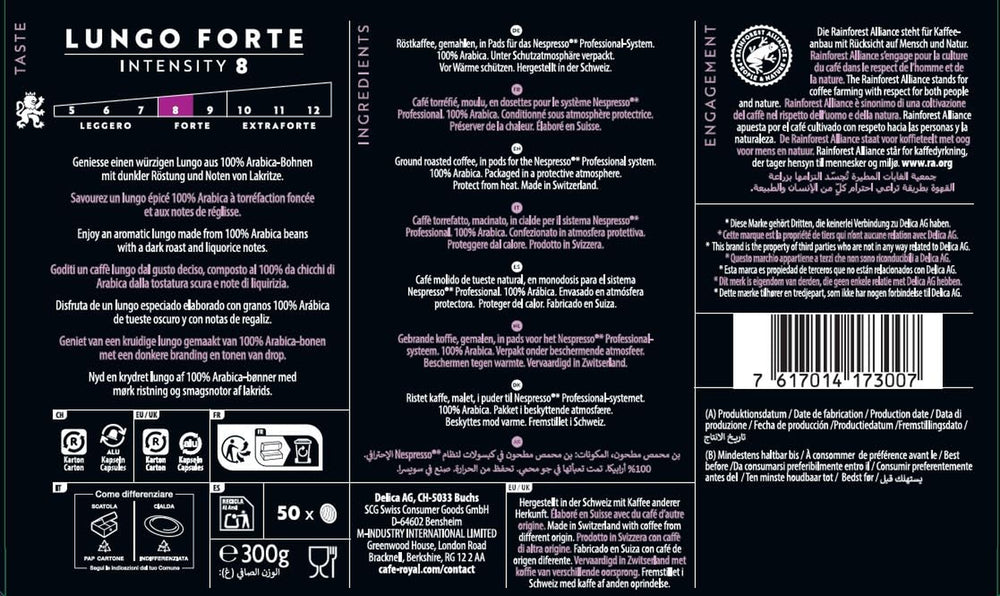 Café Royal Professional Pads, Lungo Forte, 50 dosettes Nespresso (R) Professional compatibles pour le bureau et la gastronomie, certifiées Rainforest Alliance, 100 % de café Arabica, intensité 8