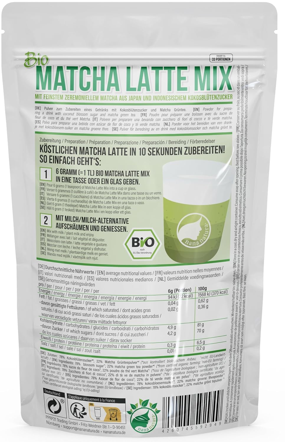 Mélange Bio Matcha Latte de Nananatura avec 22 % de poudre de thé vert de qualité cérémonielle du Japon | Pour un plaisir de thé simple et délicieux | Convient également pour les glaces et les pâtisseries