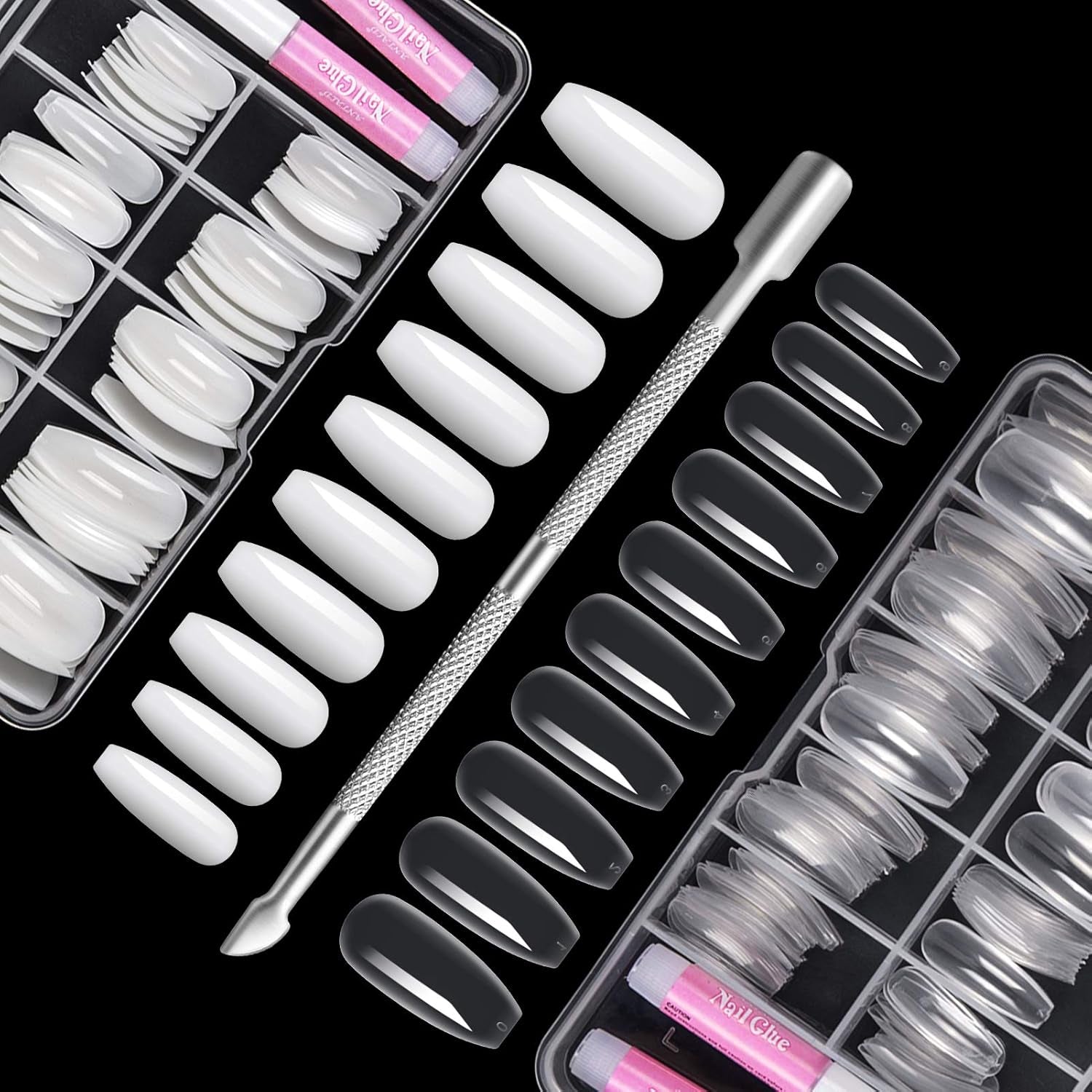 200 pcs Faux Ongles Conseils 10 Tailles Acrylique Ongles Artificiels avec Poussoir à Cuticules et Boîte Transparente pour Femmes et Filles (Naturel et Transparent)