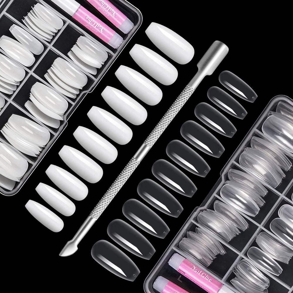 200 pcs Faux Ongles Conseils 10 Tailles Acrylique Ongles Artificiels avec Poussoir à Cuticules et Boîte Transparente pour Femmes et Filles (Naturel et Transparent)