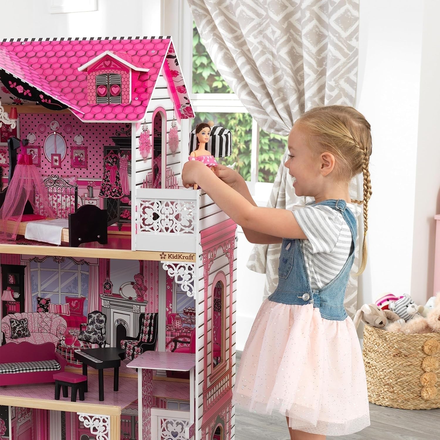 Kidkraft Maison de poupée en bois Amelia avec meubles et accessoires, ensemble de jeu avec balcon et ascenseur pour poupées de 30 cm, jouet pour 3 ans, 65093 Naty Shop Dollhouses