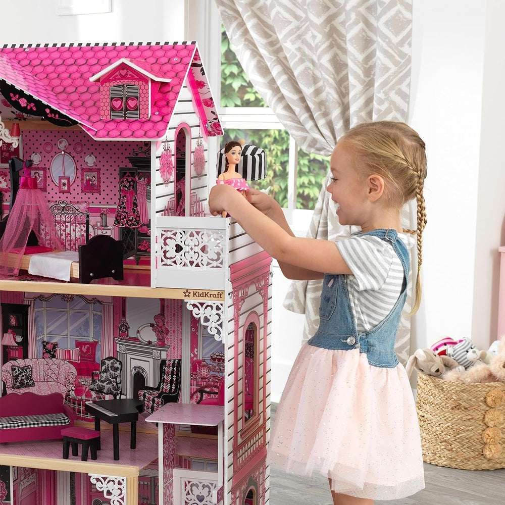 Kidkraft Maison de poupée en bois Amelia avec meubles et accessoires, ensemble de jeu avec balcon et ascenseur pour poupées de 30 cm, jouet pour 3 ans, 65093 Naty Shop Dollhouses