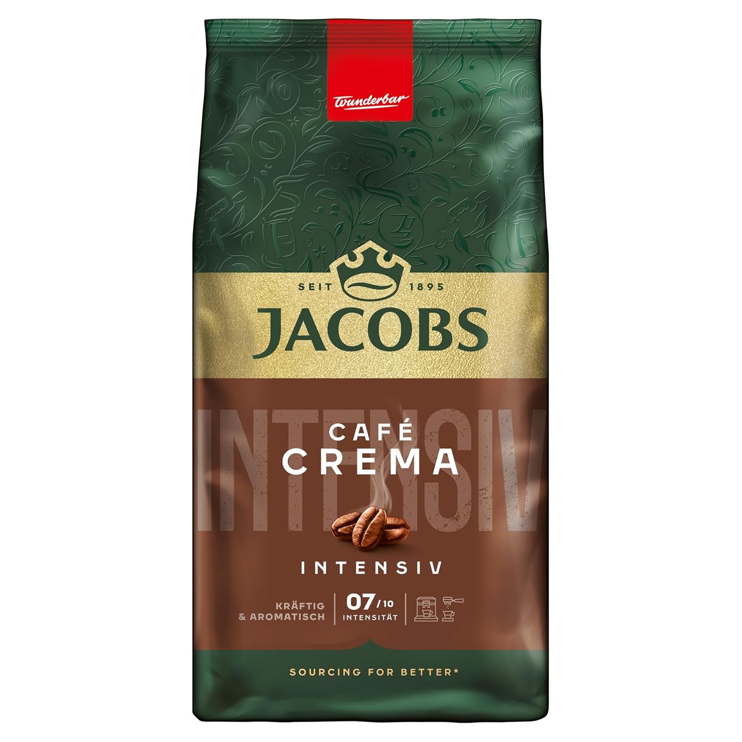 Jacobs Café Crema Gold Boissons à café 1 kg – Vollmundig, Aromatisch, Notes fruitées, Arabica & Robusta Bohnen, Intensité 5/10, Idéal pour Café Crema Naty Shop Café Crema Intensiv 1 Kg