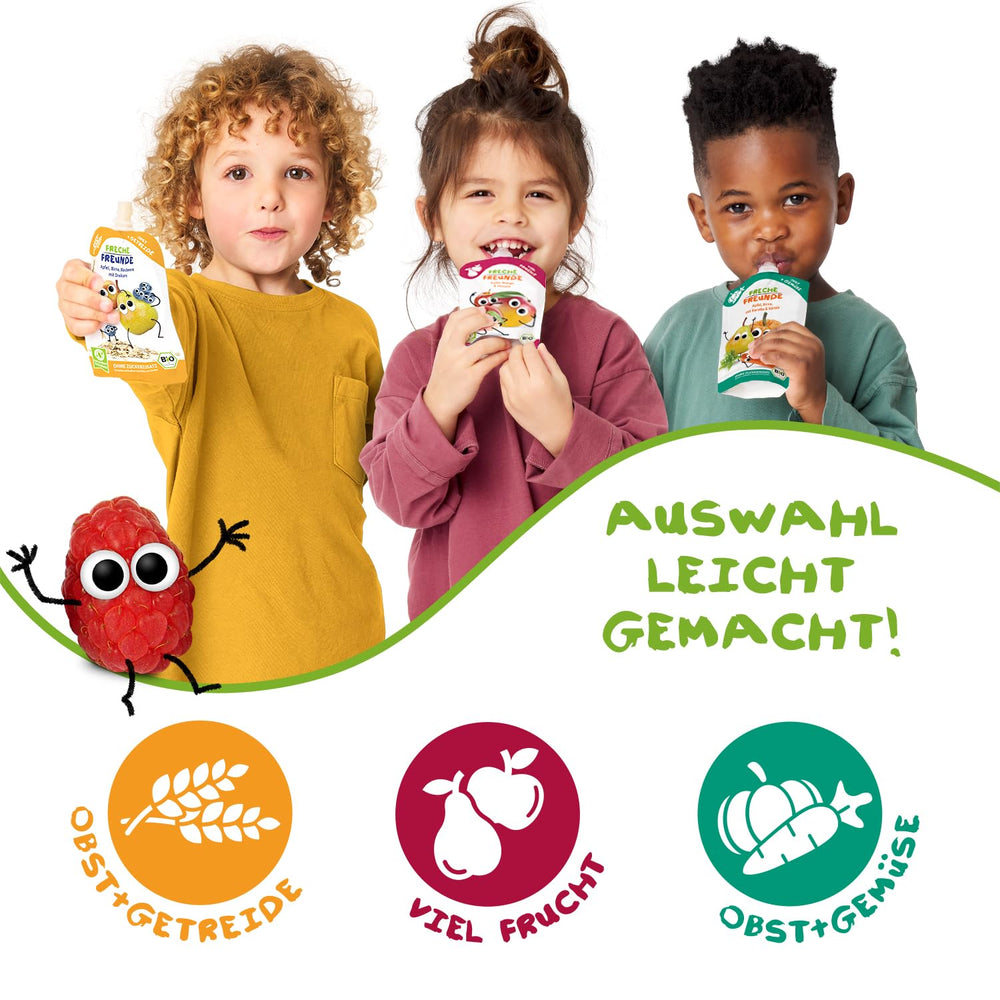 FRECHE FREUNDE Sachet de fruits à presser bio avec pommes, bananes, épinards et concombre, purée de fruits et légumes dans un sachet à presser pour bébés à partir de 6 mois, végétalien, lot de 6 (6 x 100 g)