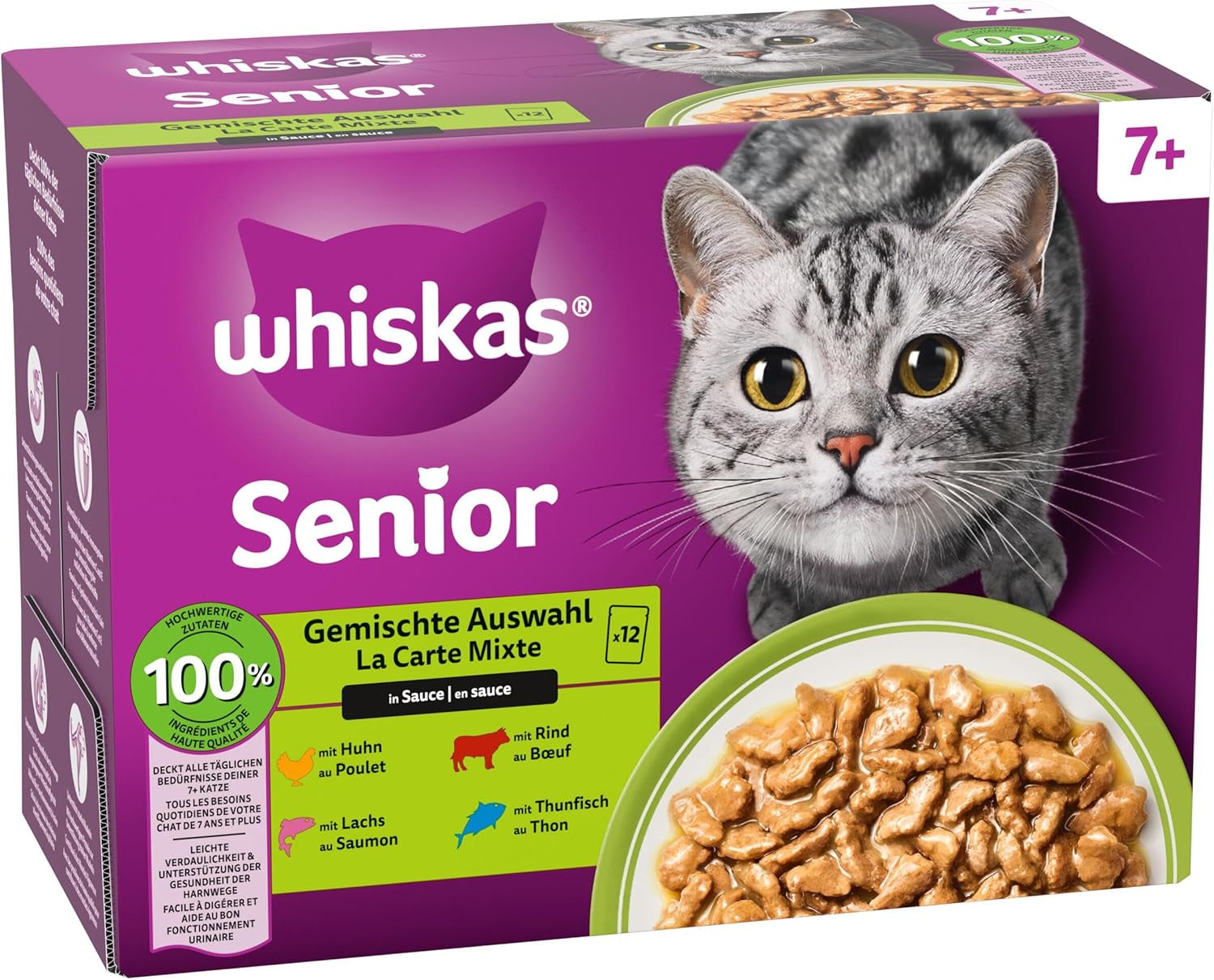 Whiskas Senior 7+ Nourriture humide Sélection mixte en sauce, 48 sachets, 12x85 g (lot de 4) - Nourriture humide de haute qualité pour chats de 7 ans et plus