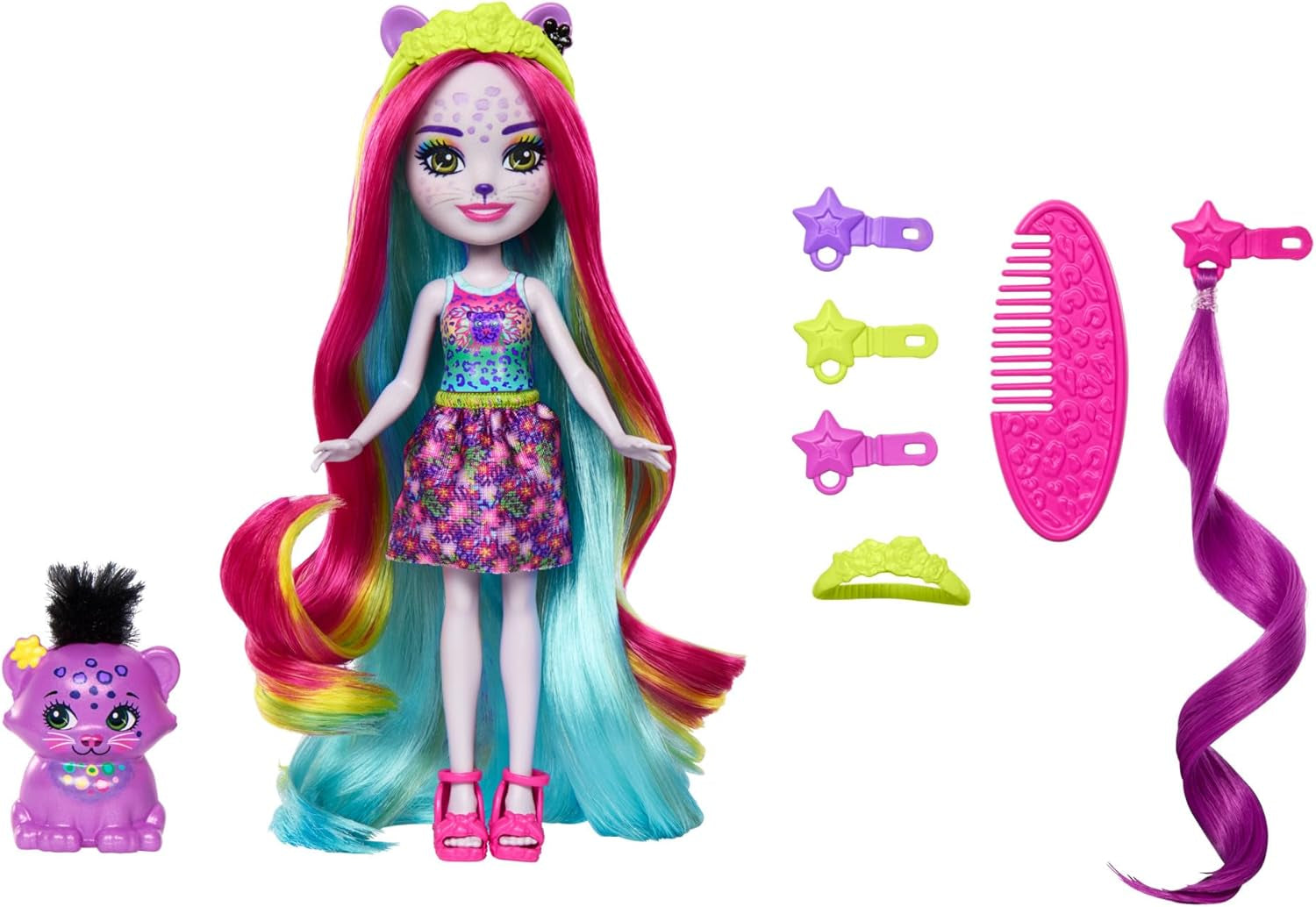 Enchantimals Sunshine Beach Pantherpuppe und Tierfreund mit Deluxe-Haar zum Stylen und Accessoires, Tierspielzeug, farbenfrohe Moden, HTJ69