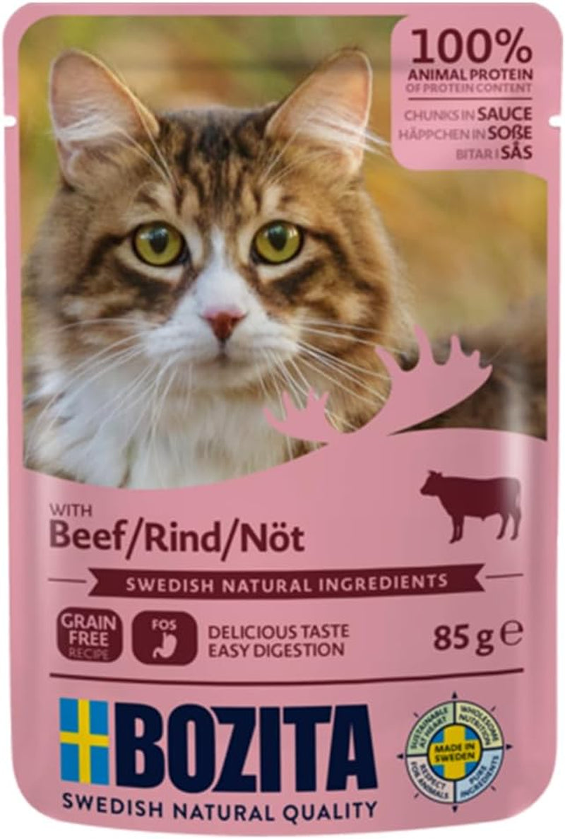 Bozita Pouch Morceaux de nourriture humide en sauce au bœuf - 12 sachets x 85g Nourriture humide pour chat sans céréales ni blé - Nourriture humide pour chat adulte avec 8,5% de protéines et 4,5% de matières grasses